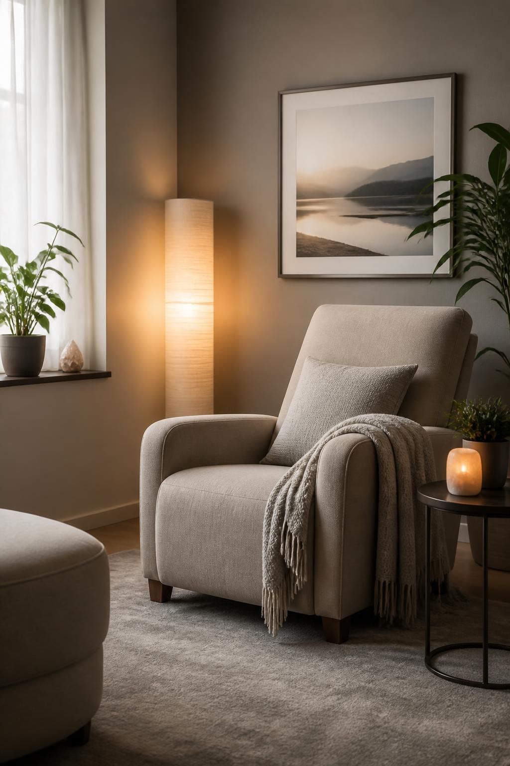 Inviting hypnotherapy consultation room with plush chair and warm neutral tones.