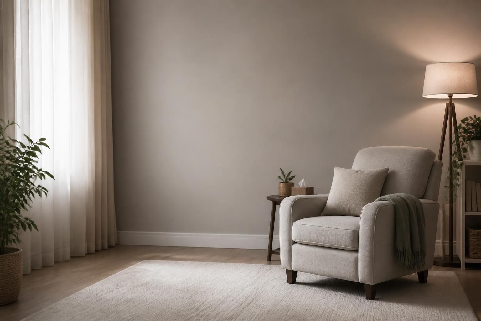 Calm hypnotherapy space with open negative space and soft natural light.