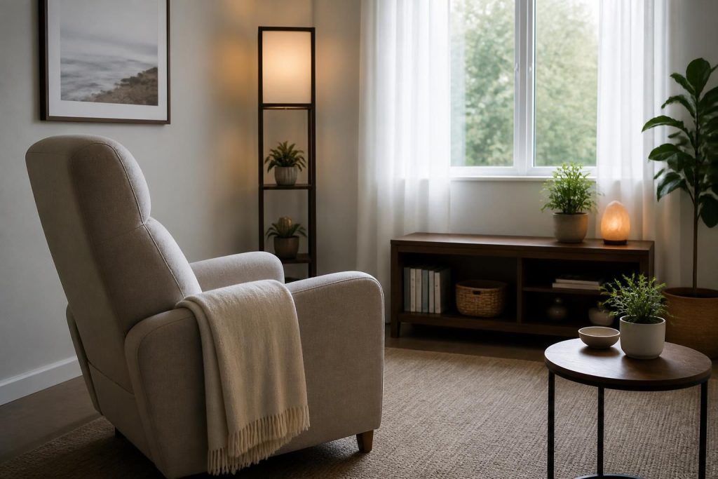 Calm modern therapy room with soft natural light and upholstered chair.