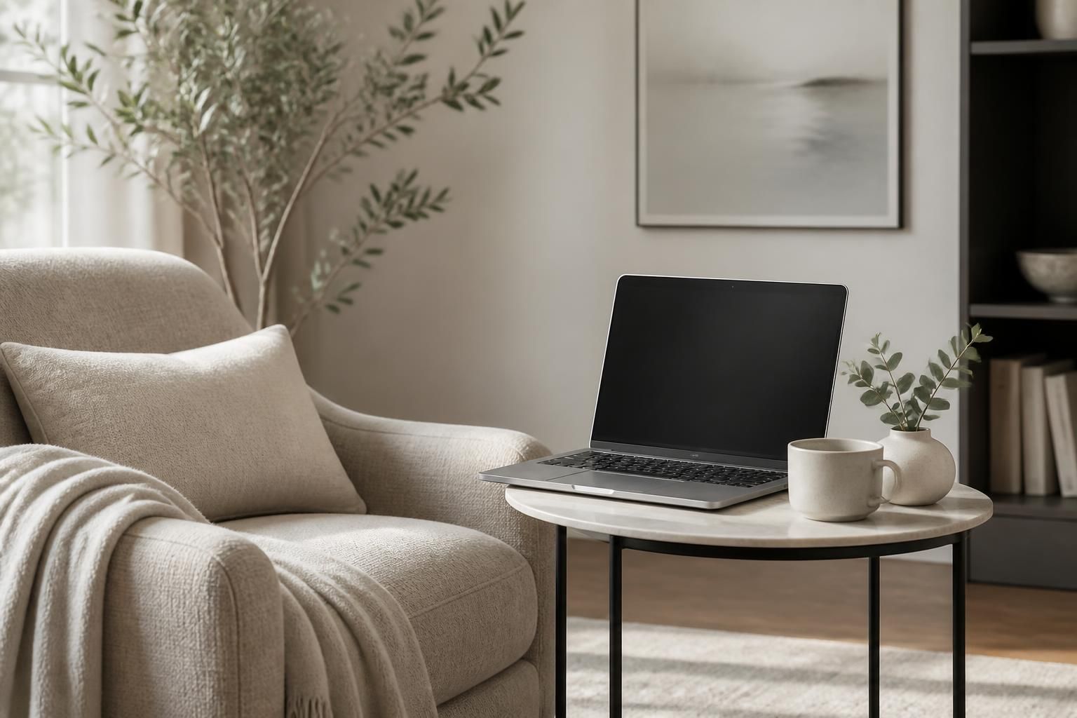 Modern online hypnotherapy setup with laptop beside a comfortable chair.
