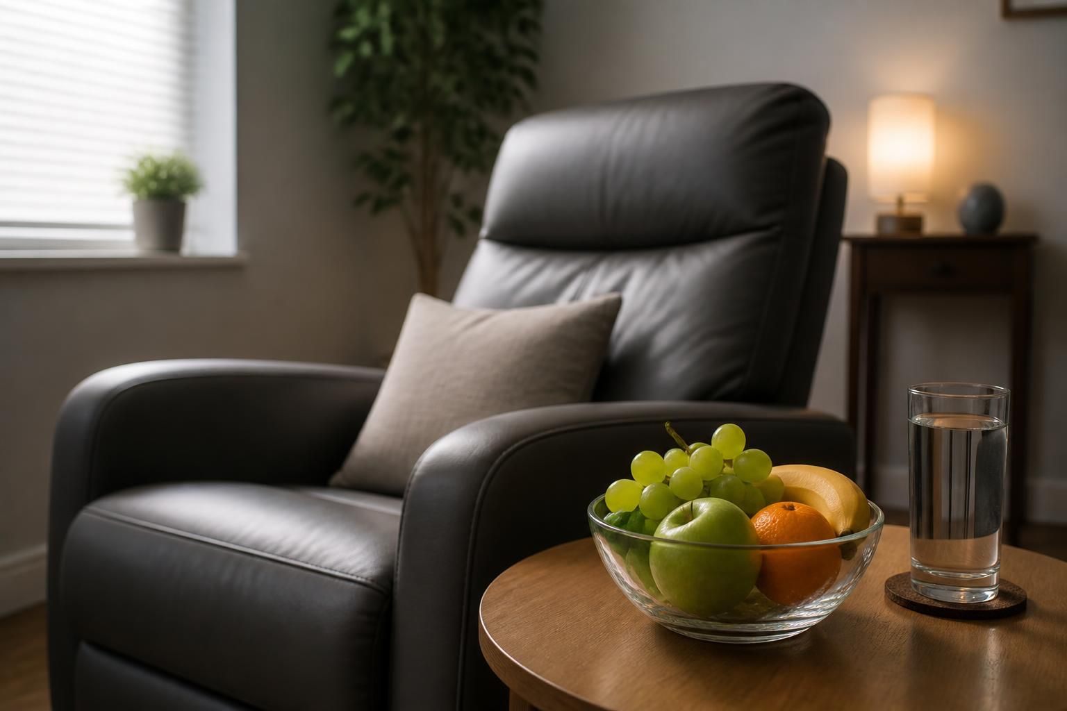 Calm hypnotherapy setting with fruit and water suggesting healthy change.